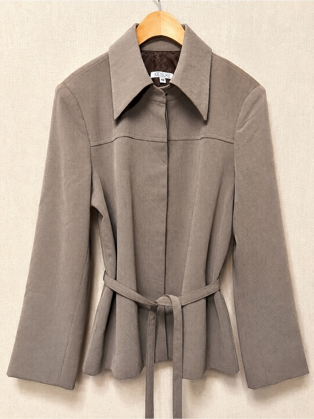 KEISUKE Vintage Belted Tailored Jacket 42 Taupe Peplum Silk-Like